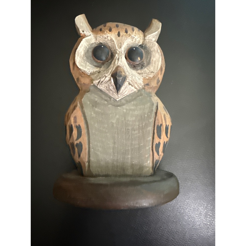 Vintage Hand Carved Wooden Owl Figurine Rustic Folk Art Bird Decor Brown